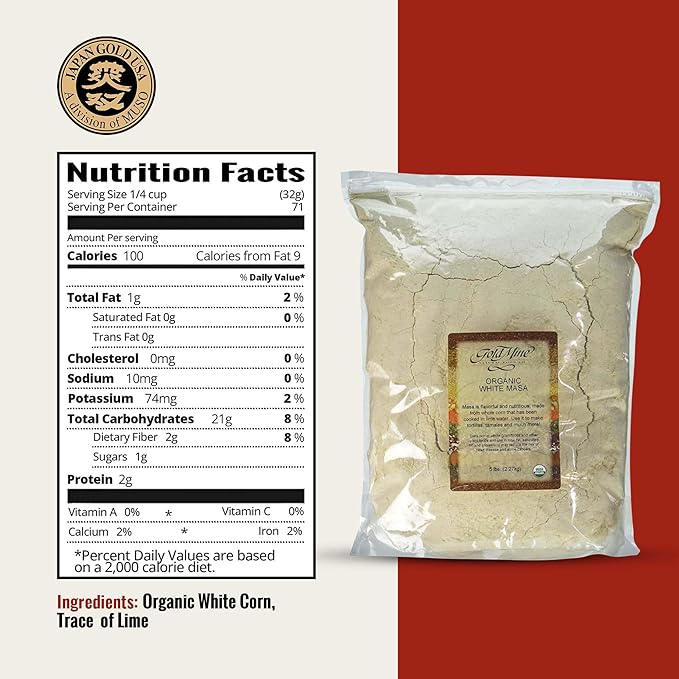 Gold Mine Natural Food Co. Gold Mine Masa Harina - USDA Organic - Macrobiotic, Vegan, Kosher and Gluten Free Flour for Healthy Mexican Dishes – 5 lbs, White Corn, 80 Oz