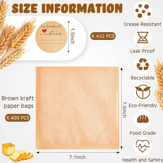 Outus 400 Pcs Cookie Packaging Bags with Seal, 7.1 x 7.5 Inch Bakery Pastry Bags with Window, Heat Sealable Grease Resistant Paper to Go Bake Sleeves for Gift Giving Donut Bread Sandwich (Brown)