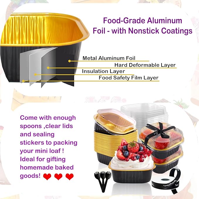 5oz Mini Cake Pans With Lids 50 Pack Aluminum Foil Square Brownie Baking Cups,Disposable Loaf Pans With Lids and Spoons Ribbon,Cupcake Pans Muffin Cake Tins Cake Container(Black)