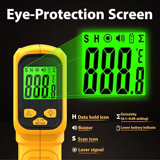 FKM Infrared Thermometer Gun Non-Contact Laser Temperature Gun,-58°F~986°F,AdjustableEmissivity,Digital IR Thermometer Gun for Cooking,Griddle,Pizza Oven,BBQ,HVAC,Automotive,Industrial,Not for Human