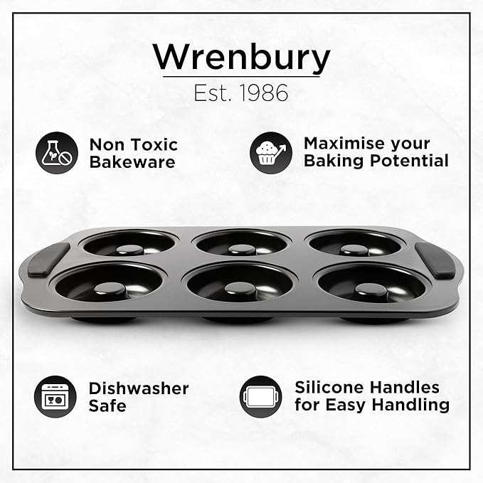 Wrenbury Donut Pan for Baking 6 Cup Jumbo Set of 2 - Non Toxic Large Doughnut Mold Baking Tray - Carbon Steel Bagel Molds - 3.5” Cup - Easy Clean