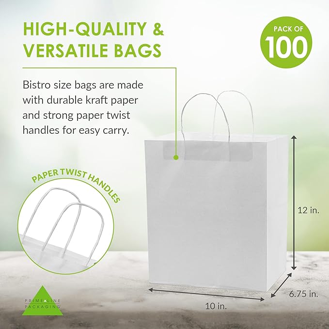 Prime Line Packaging White Paper Bags, Kraft Gift Bags with Handles for Small Business, Shopping, Take-out Goodie, Bistro, Boutique, Bulk, 10x6.75x12, 100 Pack