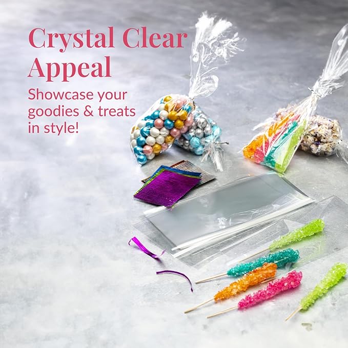 Prestee 200 Pack Clear Cellophane Bags - 4x9 with 4" Twist Ties, Candy & Cookie Gift Bags (Pack of 200)