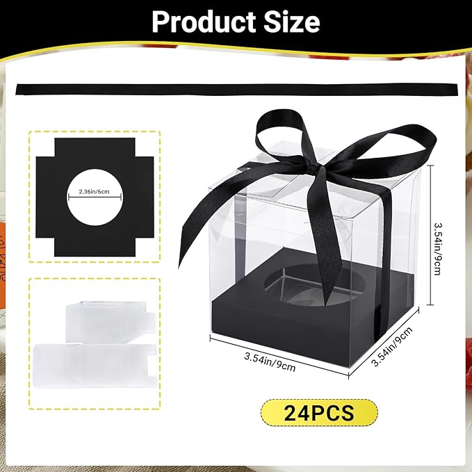 EUSOAR Transparent Cupcake Containers, 24pcs 3.5 Inch Plastic Black Cupcake Carrier Storage for Cake Dessert, Individual Cupcake Wrappers Cupcake Holder with Lids for Wedding Birthday Party Favor