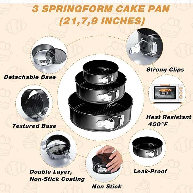 131Pcs Springform Pan Cake Pan Sets for Baking Non-Stick Cake Decorating Kit (4, 7, 9 Inch), Piping Bags and Tips Cheesecake Bakeware Baking Tools Parchment Paper & Manual