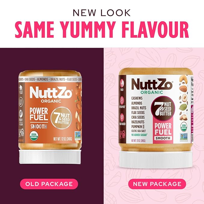 NuttZo Organic Power Fuel 7 Nuts and Seeds Butter, Smooth, Paleo and Keto Friendly, Peanut and Gluten Free, Vegan, Kosher, No Added Sugar or Oil, 12 oz Jar, 6 Pack