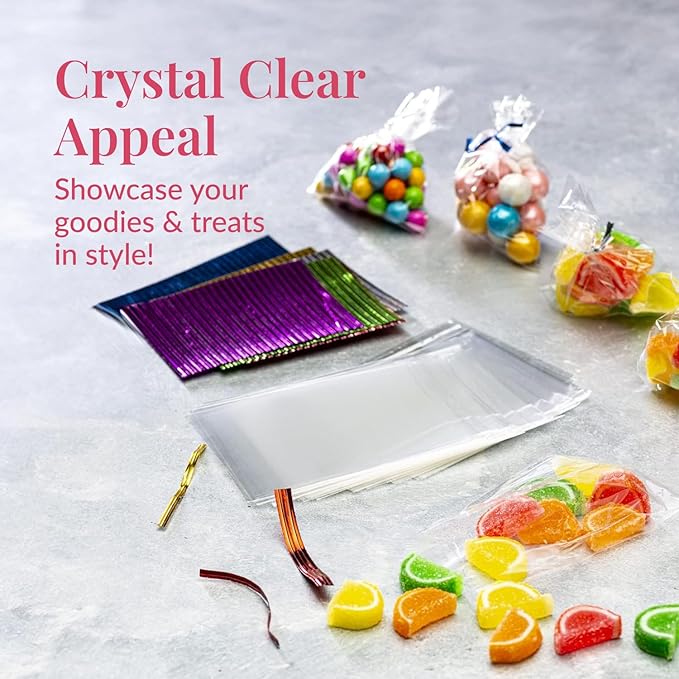 Prestee 200 Pack Clear Plastic Cellophane Gift Bags [3x4] with 4" Twist Ties, Candy, Cookie, Treat Bags (Pack of 200)