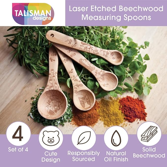 Talisman Designs Laser Etched Beechwood | Set of 4 | Woodland Design | Natural, Wooden Measuring Spoons Set| Cute & Functional Kitchen Tools
