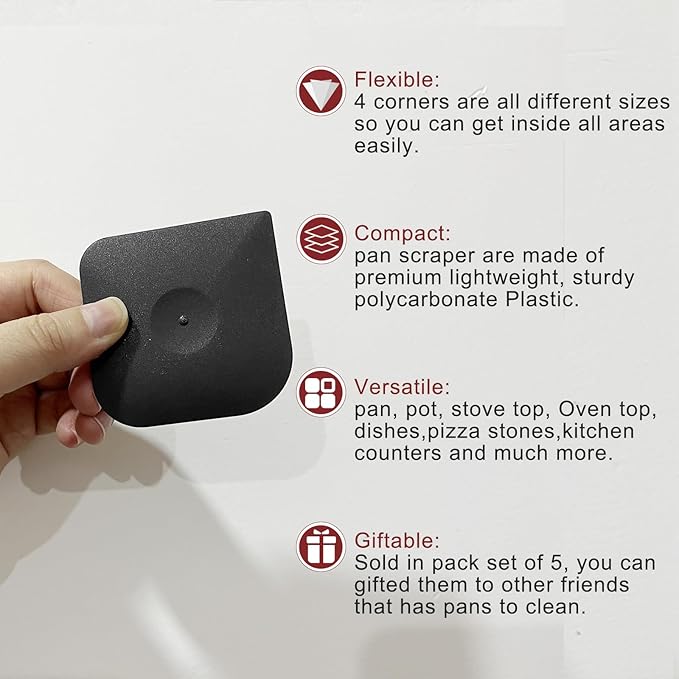 Herda Pan Scraper Pot Scraper Plastic Kitchen Scraper Tool, 5pcs Food Scraper Dish Scraper Hard Nylon Platic Cleaning Scraper Tool for Kitchen Pan, Pot, Cast Iron (Black)
