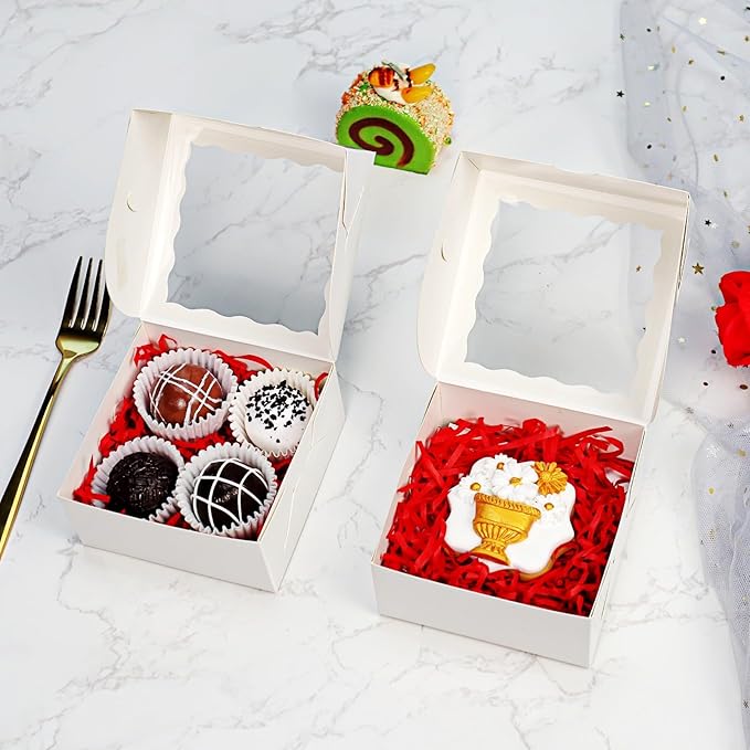 100Pack 4x4x2 Inch White Simple Elegant Bakery Boxes with Window Treat Boxes Truffle Boxes for Party Wedding Favor Mother's Valentine's Birthday Day