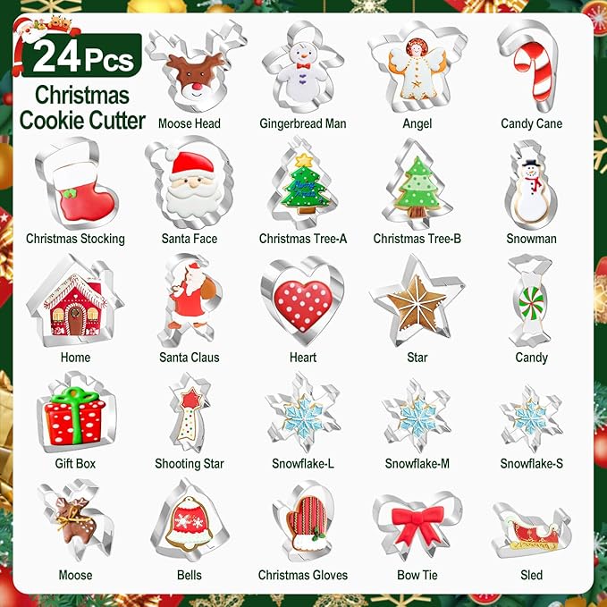Lezmarket 24Pcs Christmas Cookie Cutters Set, Stainless Steel Metal Winter Holiday Cookie Cutter Christmas Shapes - Snowman, Christmas Tree, Gingerbread, Snowflake, Angel, Bells, Santa Claus, Candy