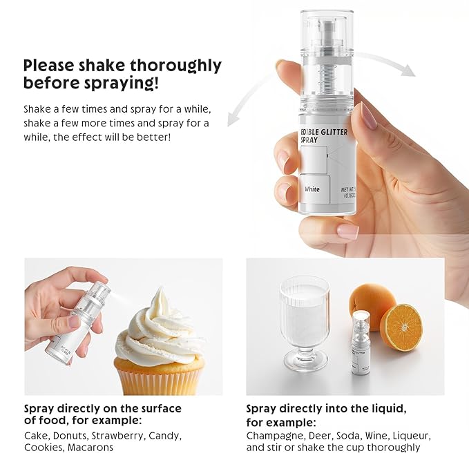 Edible Glitter Spray,Food Grade 5g Edible Glitter for Cake Decorating Desserts, Beverages, Cupcakes, Cake Pops and Cookies - White