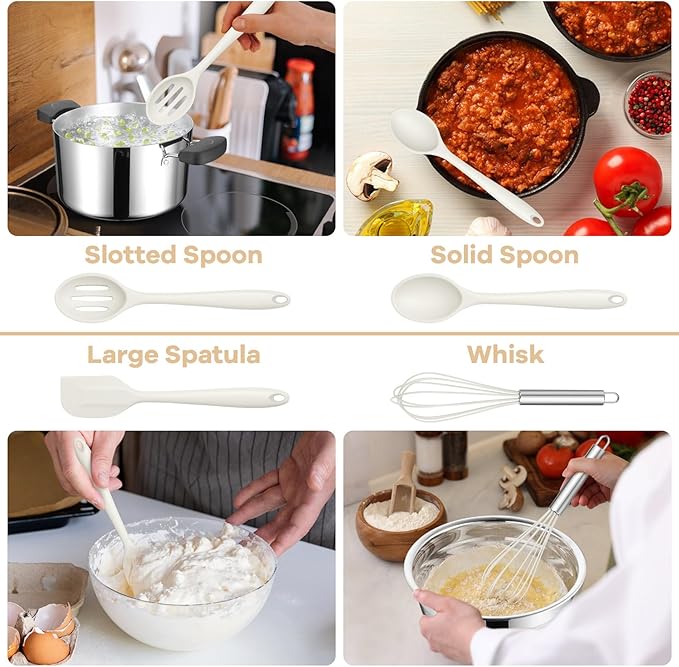 TeamFar 8 PCS Silicone Cooking Utensils - 446°F Heat Resistant Kitchen Silicon Utensils Set, Turner, Spatula, Spoon, Whisk, Kitchen Cooking Gadgets Tools for Nonstick Cookware, Dishwasher Safe-White