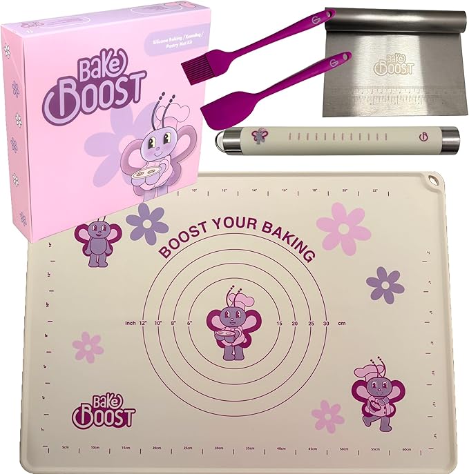 Silicone Baking Mat Set | Extra Large Non-Stick Pastry Mat with Rolling Pin, Dough Cutter, Spatula & Brush | For Cookies, Pie Crust, Pizza, Bread | Easy Clean Baking Kit