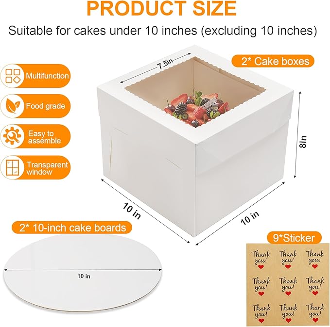 2 Pack Cake Boxes, 10x10x8 Inches Tall Cake Box with Cake Boards, Disposable Cakes Carrier, Cakes Transport Container with Lid, White Bakery Boxes with Window, for Cookies Pies Cupcakes