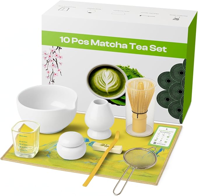 10 Pcs Matcha Kit Set, Ceramic Matcha Set Includes 17oz Matcha Bowl, Bamboo Whisk and Scoop, Whisk Holder, Sifter, Scoop holder, Measuring Cup, Powder Caddy, Tea Towel and Instruction Manual (White)