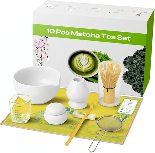 10 Pcs Matcha Kit Set, Ceramic Matcha Set Includes 17oz Matcha Bowl, Bamboo Whisk and Scoop, Whisk Holder, Sifter, Scoop holder, Measuring Cup, Powder Caddy, Tea Towel and Instruction Manual (White)