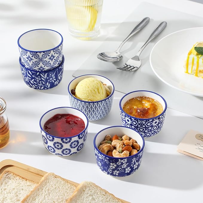vancasso Selene 4 oz Mini Ceramic Ramekins Set of 6, Oven-Safe Baking Cups for Crème Brûlée, Soufflés, Desserts, Handcrafted Blue and White Patterns