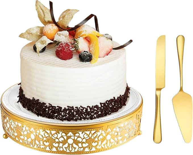 MTJYQTF Gold Cake Stand Set - Metal Round Cupcake Dessert Stand with Cake Cutting & Cake Spatula for Party, Candy Table Display for Wedding Birthday Baby Shower（12x12x2.4 IN） CS003-pan