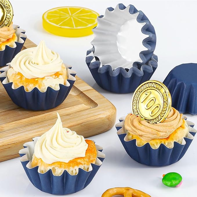 Caperci Grease-Resistant Navy Blue Mini Cupcake Liners 200 Counts - Heavy Duty Paper Muffin Baking Cups, Odorless, No Muffin Pan Needed, Easily Peels (Navy Blue)