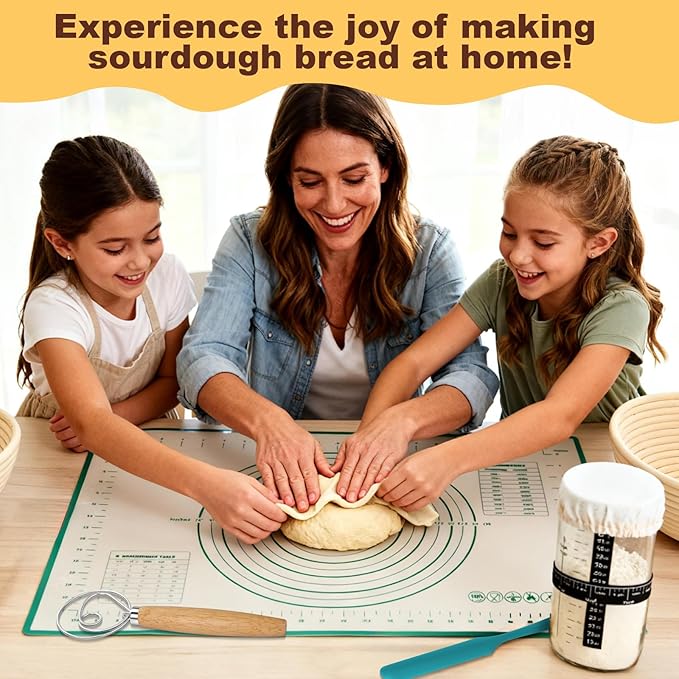 Upgraded Sourdough Starter Kit with Pot, Sourdough Bread Baking Supplies incl. 34 Oz Starter Jar, 2 Banneton Bread Proofing Baskets, Scraper, Scale, Lame, Dough Whisk, Sour Sough Tools