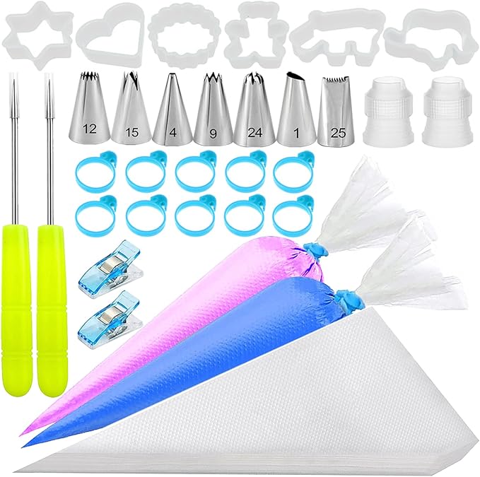 129Pcs Tipless Piping Bags Set - 100 12Inch Disposable Pastry Bags for Royal Icing Decorating - Cake Baking Tools Kit with 7 Frosting Tips, 10 Bags Ties, 2 Scriber Needle,6 Cookie Cutters