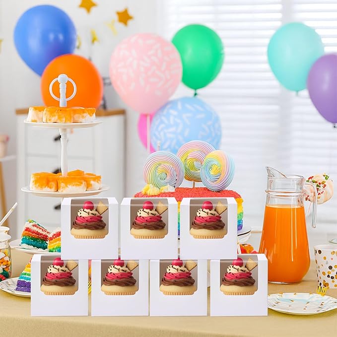 VGOODALL 60PCS Cupcake Boxes, 3.5 Inches Individual Cupcake Containers with Window and Insert for Muffins Cocoa Bombs Packaging Togo Boxes for Birthday Baby Shower Wedding Party Favors
