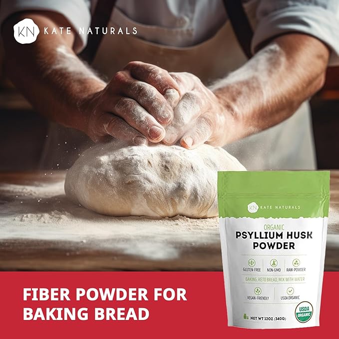 Kate Naturals Psyllium Husk Powder for Fiber, Digestion & Baking Bread. Mixes Easily with Juice & Smoothies (12oz, Organic, Gluten Free, Fine Ground)