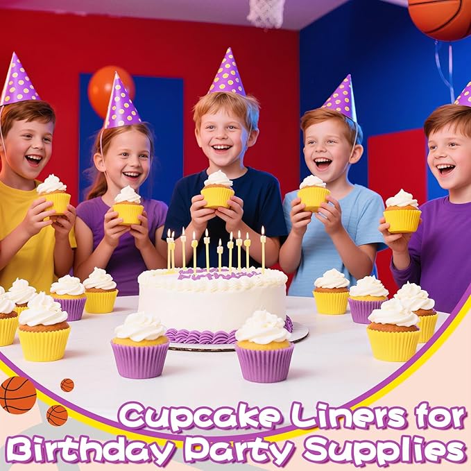 200PCS Purple and Yellow Cupcake Liners Muffin Baking Cups Wrappers for Yellow and Purple Birthday Party Supplies Disposable Pastel Cupcake Papers for Sports Theme Basketball Birthday Party Decoration