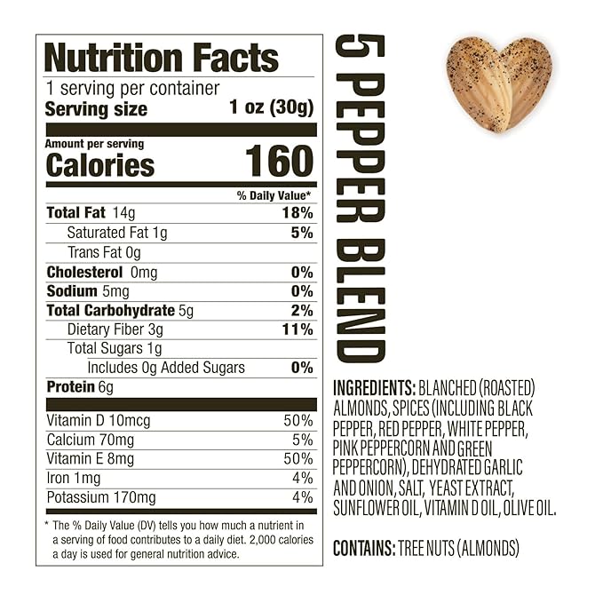 AlmondRx | Heart Healthy Skinless Lightly Salted California Almond Snack Packs | Fortified with Vitamin D | Plant Protein | Keto | Vegan | No Sugar Added (6 Pack, 5 Pepper Blend)