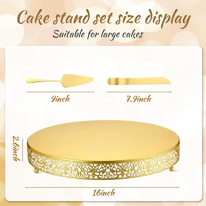 Wenqik 16 Inch Gold Cake Stand Set Metal Round Cupcake Dessert Stand with Cake Cutting, Spatula Cupcake Pastry Display Candy Holder Table Display for Wedding Party Birthday Baby Showers Anniversary