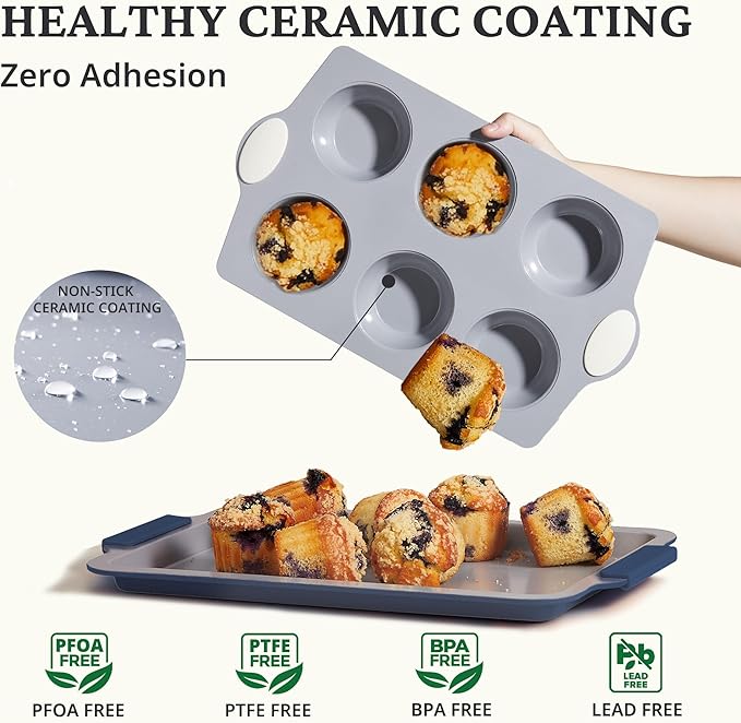 BRONYPRO 2-Pack 6-Cup Non Toxic Nonstick Ceramic Jumbo Muffin Pan & Cupcake Tin, PFOA & PFOA Free, Heavy Duty Rust-Resistant Aluminized Steel, Oven & Dishwasher Safe, Cream White