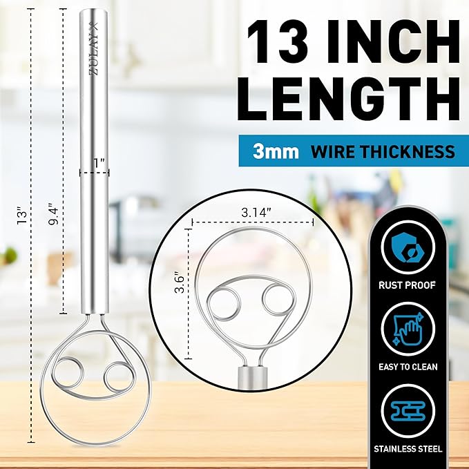 Zulay Kitchen 13-Inch Danish Dough Whisk - Stainless Steel Danish Whisk for Cooking with Dough Hook - Traditional Dutch Whisk - Bread Whisk for Sourdough, Pizza, Pastry, Cake Batter - Stainless Steel