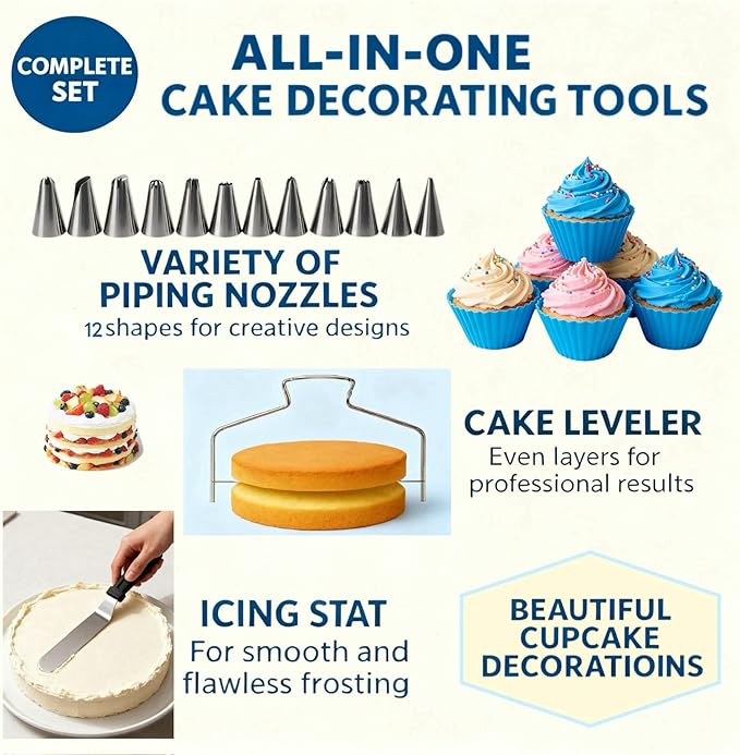 82 Pcs Cake Decorating Kit with Non-Slip Turntable, Stand,Leveler, 12 Piping Nozzles, Spatulas,Cupcake, 2 Reusable & 50 Disposable Bags,Complete Starter Set for Beginners & Home Bakers