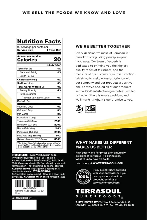 Terrasoul Superfoods Premium Nutritional Yeast Flakes, 3 Lbs (Pack of 3), Fortified, Savory Superfood for Vegan Cheese, Seasoning, and Plant-Based Protein Boost