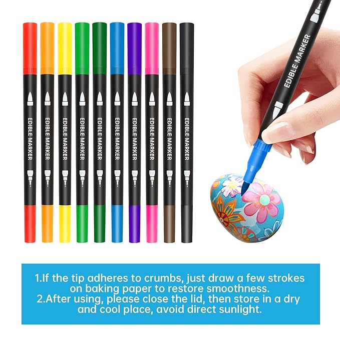 Edible Markers – 10Pcs Double-Sided Food Coloring Pens with Fine & Thick Tips for Cookie Decorating, Fondant, Desserts & Easter Eggs