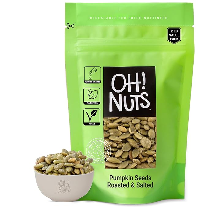 Oh! Nuts Pumpkin Seeds - Dry Roasted Salted - 2 lb - Shelled and Sprouted Pepitas - Packed in New York Zip-Seal Bag for Exceptional Freshness