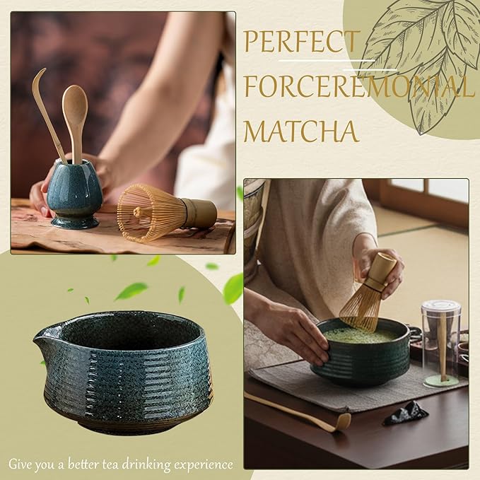 8 Pcs Matcha Whisk Set Chasen Matcha Whisk Bamboo Bowl with Spout Sifter Spoon Scoop Whisk Holder Bamboo Mat Complete Matcha Making Kit (Blue)