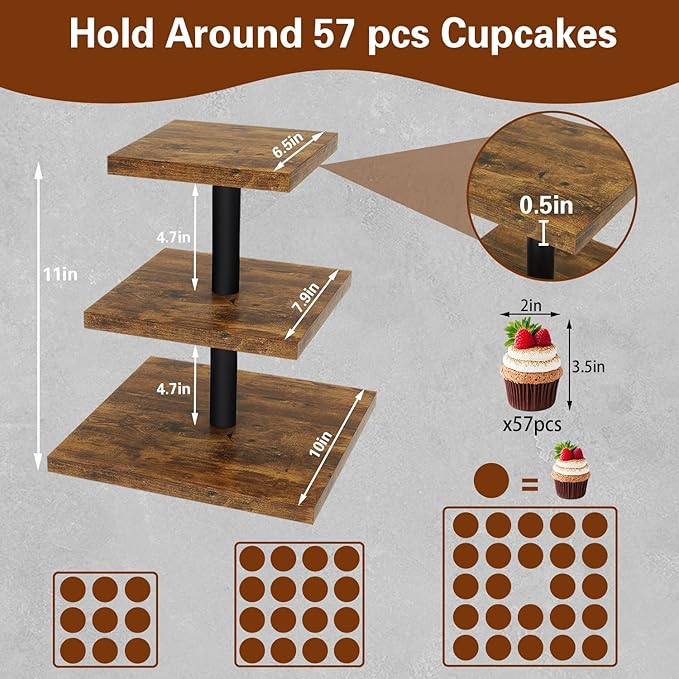 IBUYKE 3 Tier Cupcake Stand,Wood Durable Cupcake Tower,Square Serving Dessert Display Stand,Cupcake Tray Stand,Dessert Tree Tower for Christmas Birthday,Home Party, Wedding, Baby Shower,Rustic Brown UTLJ014H