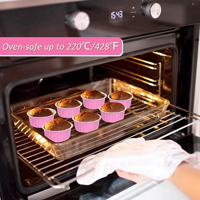 Mini Cake Pans with Lids and Spoons (100 Pack,Pink,5oz) Round Disposable Ramekins - Sturdy Aluminum Foil Cupcake Liners with Lids for Dessert and Party