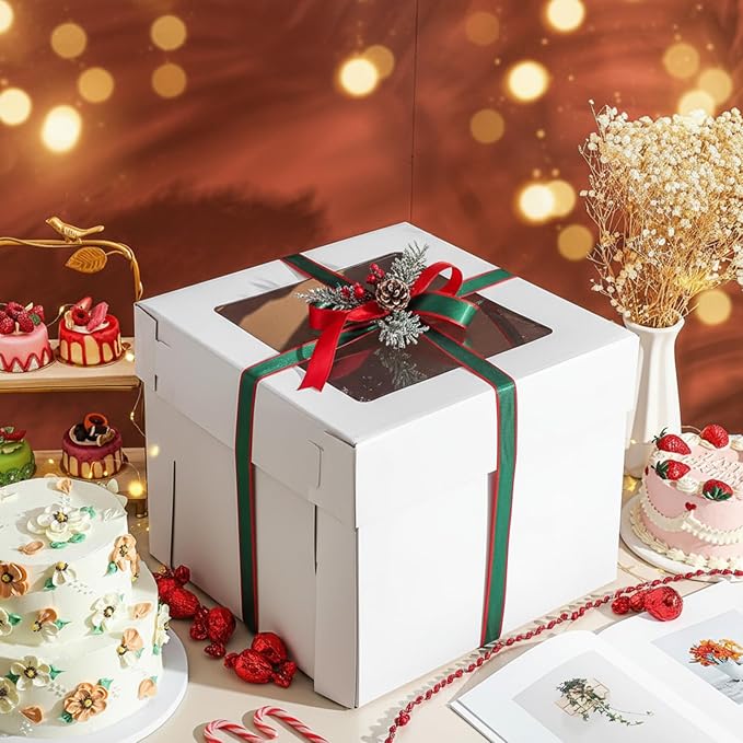 4 Sets Corrugated Cardboard Tall Cake Boxes for Tier Cake 14x14x12 Inch with Clear Window (4 Boxes + 4 Boards) Disposable Layer Bakery Container Carrier for Wedding Birthday Party Festival