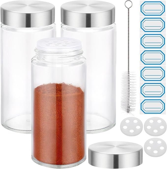 Segarty 4oz Spice Containers with Stainless Steel Shaker Lids, 3 Pack 120ml Round Spices Jars, Empty Seasoning Organizer Salt Pepper Sugar Organization for Cabinet, Glass Jars with 7 Stickers, 1 Brush