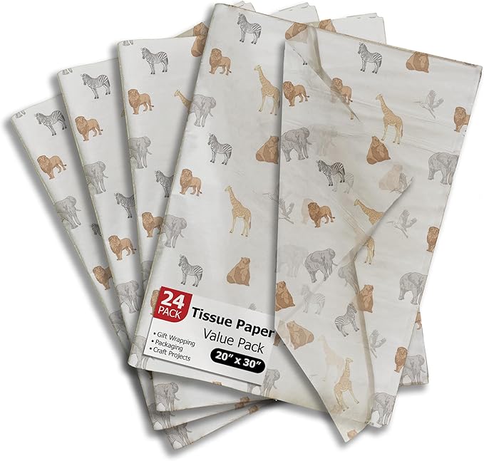 Pro Supply Global Safari Animals Printed Tissue Paper for Gift Bags or Boxes and Wrapping - Baby Shower Bulk Decorative Art Tissue Paper for Packaging and Gifting | 24 Sheets 20" x 30"