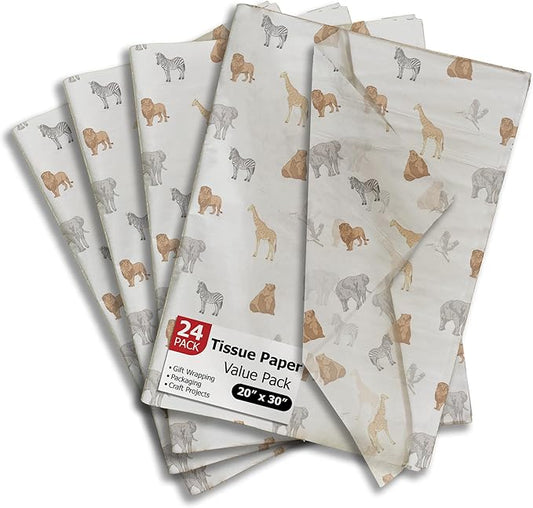 Pro Supply Global Safari Animals Printed Tissue Paper for Gift Bags or Boxes and Wrapping - Baby Shower Bulk Decorative Art Tissue Paper for Packaging and Gifting | 24 Sheets 20" x 30"
