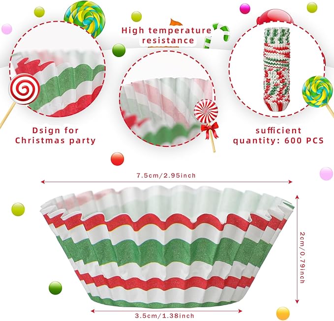 600 Pcs Christmas Party Cupcake Liners Christmas Paper Baking Cups Mini Muffin Liners Small Cupcake Wrappers Xmas Paper Candy Cups for Santa Holiday Chocolate Cake Making Supplies (Classic)