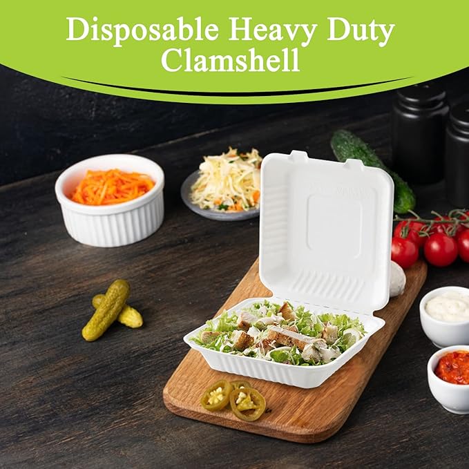 three leaf 8" x 8" 1 COMPARTMENT BAGASSE CLAMSHELL, 200 Ct. Heavy-Duty- Super Strong- Natural- Eco-Friendly Disposable Bagasse Clamshell, 100% Biodegradable 8 inch clamshell