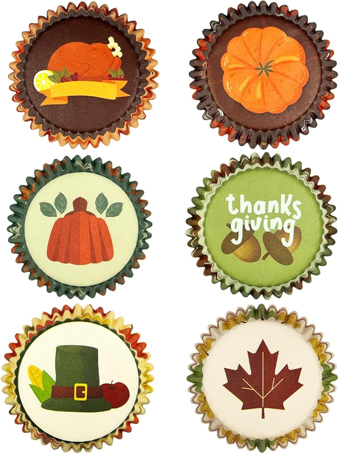 qiqee Thanksgiving Cupcake Liners Muffin Paper Baking Cups 300-Count 6 Original Design Fall Hat Pumpkin Maple Leaf No Smell, Food Grade (Small Size)