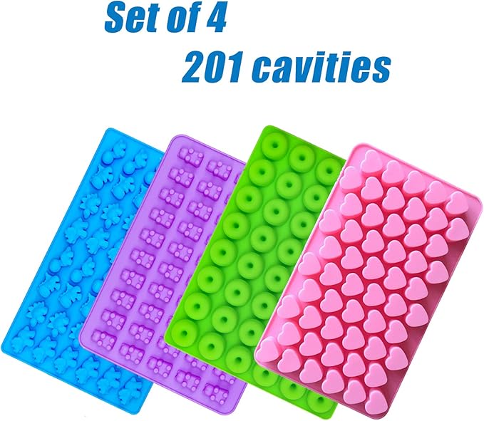 Gummy Bear Candy Molds Silicone, Gummy Molds with 2 Droppers, Non-Stick Silicone Candy Molds Including Mini Dinosaur, Bear Shape, Hearts and Mini Donut, Set of 4