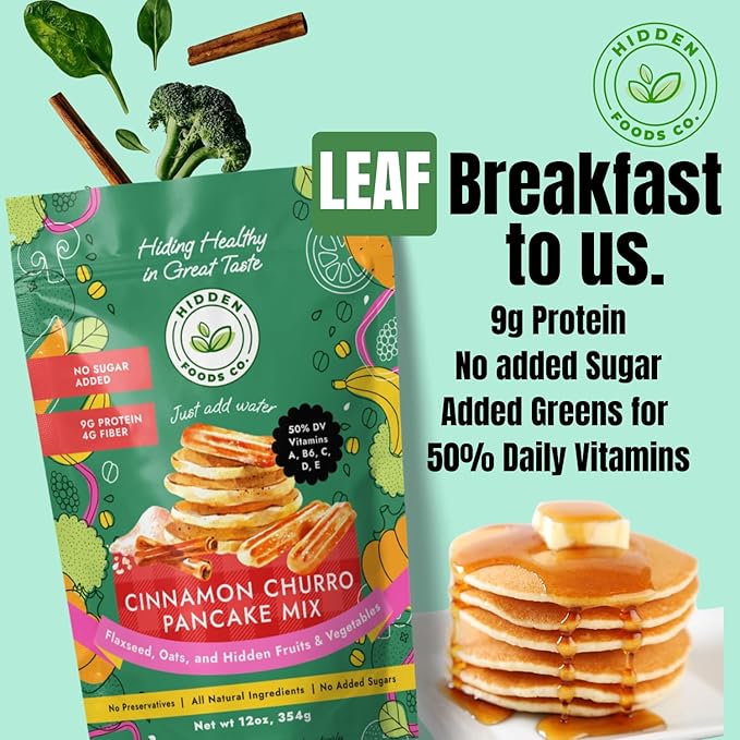 Hidden Foods Cinnamon Pancake Golden Brown Monk Fruit Cinnamon Bun Pancake - Fiber and Protein Churro Pancake Mix with Wheat & Oat Flour Blend of Vegetables - Fully Fiber Waffle Mix Meal 6 Pack