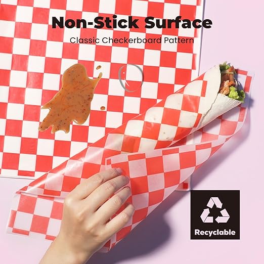 Fit Meal Prep [250 Sheets] 12x12" Deli Paper Sheets, Red and White Checkered Dry Waxed Paper, Sandwich Wrapping Paper, Grease-Proof Wax Paper for Food Basket, Chritmas Parties, Picnic, Burgers
